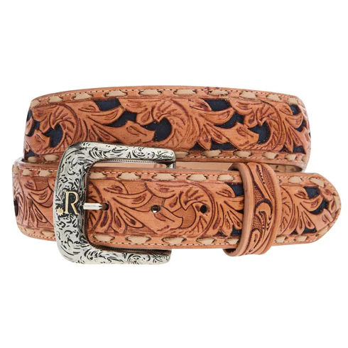 R. Watson Men's Navy Suede Underlay Natural Embossed Belt