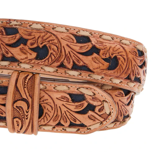 R. Watson Men's Navy Suede Underlay Natural Embossed Belt - Image 3