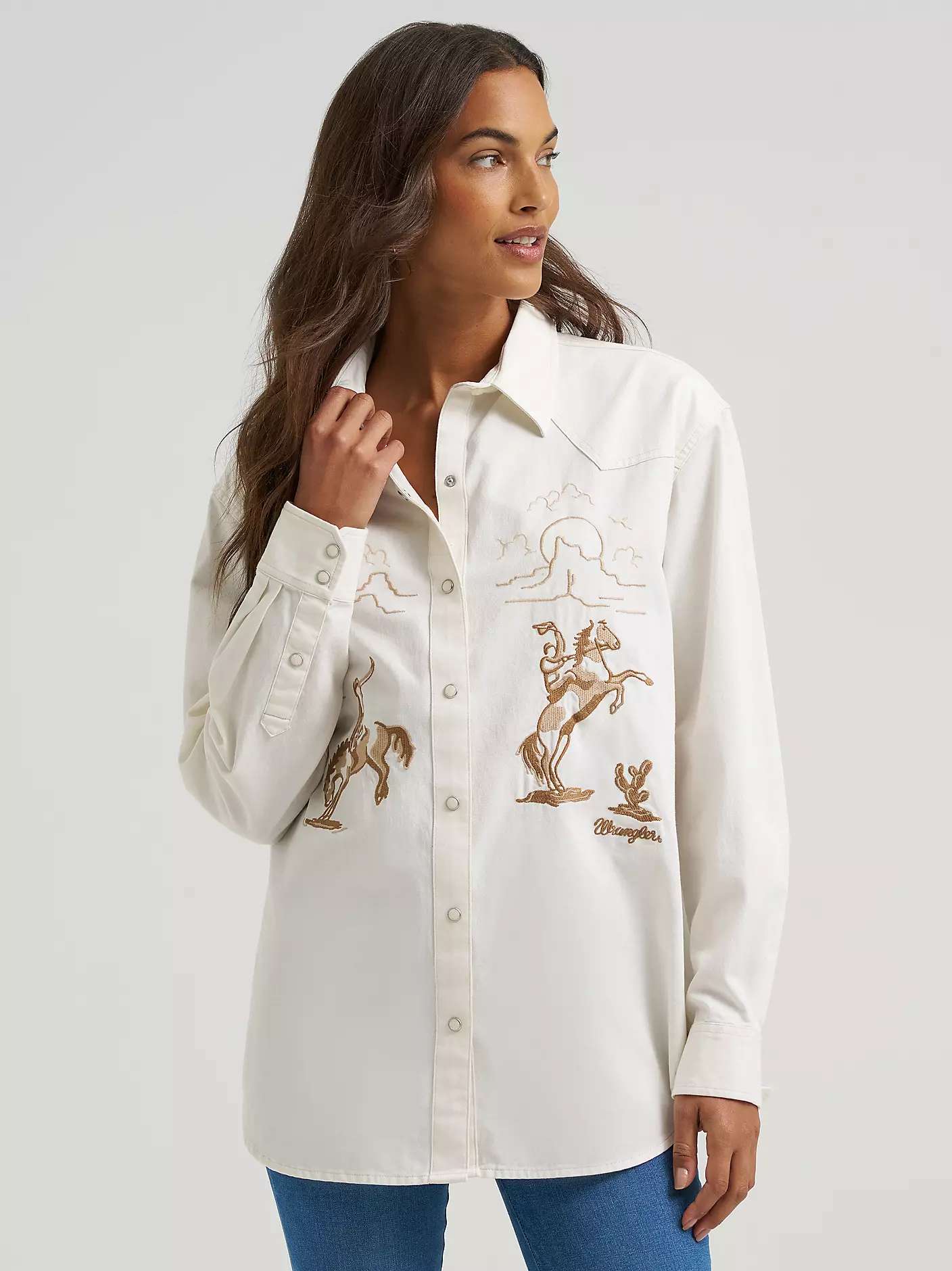 Wrangler Embroidered Boyfriend Western Snap Denim Shirt