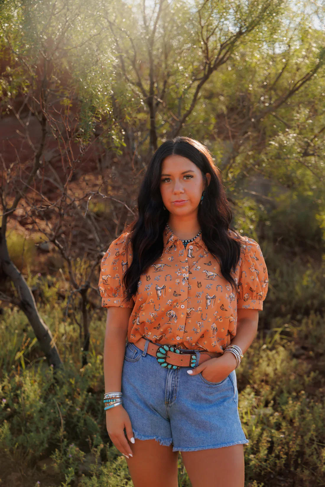 Howdy Hanny Butterflies and Horses Short Sleeve Blouse - Image 2
