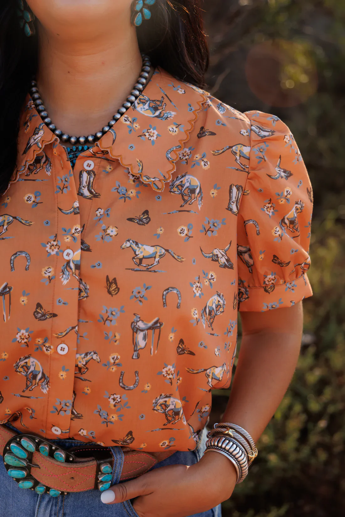 Howdy Hanny Butterflies and Horses Short Sleeve Blouse - Image 3