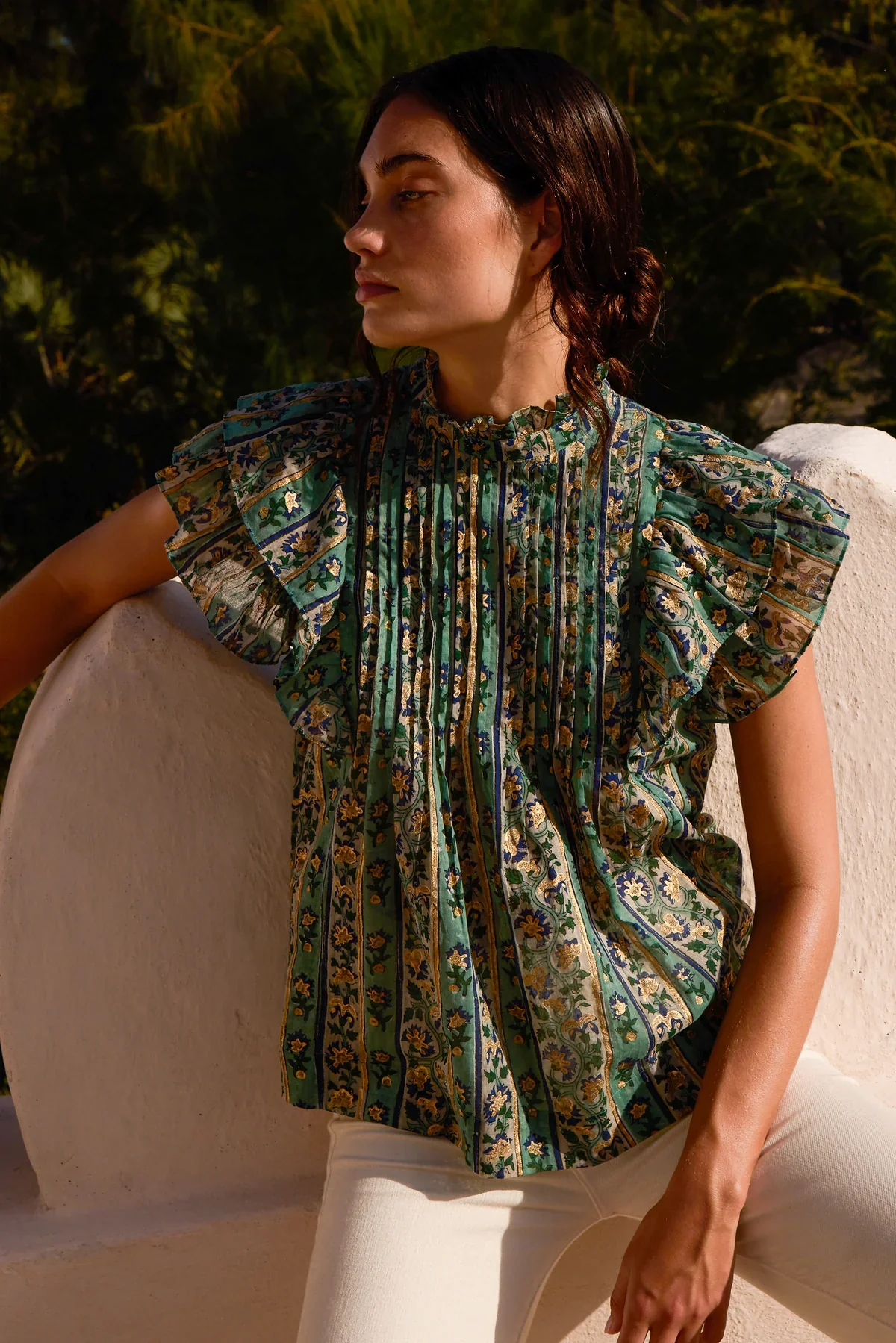 OLIPHANT Pintuck Ruffle Top- Taj Aqua - Image 2