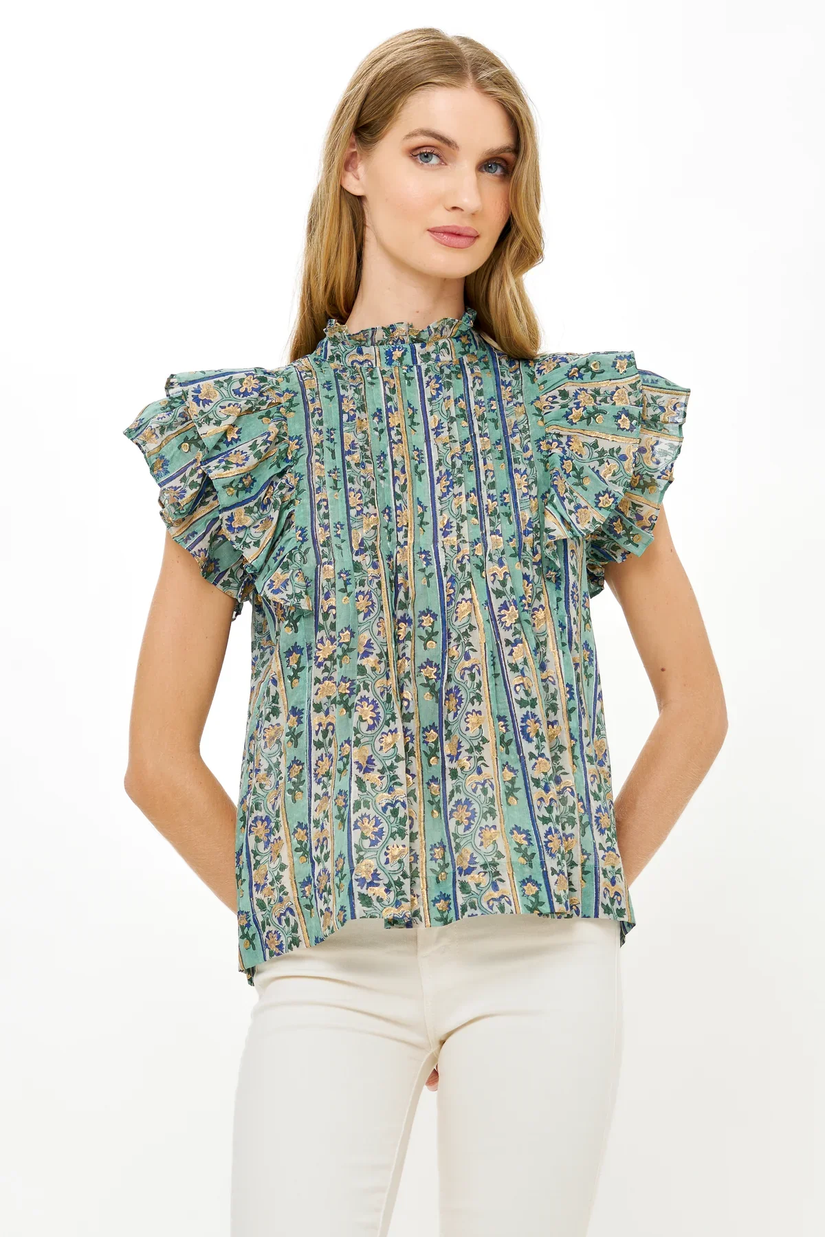 OLIPHANT Pintuck Ruffle Top- Taj Aqua - Image 3