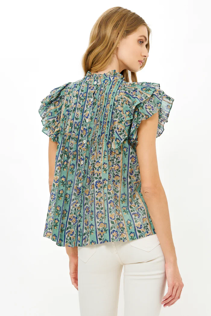 OLIPHANT Pintuck Ruffle Top- Taj Aqua - Image 4