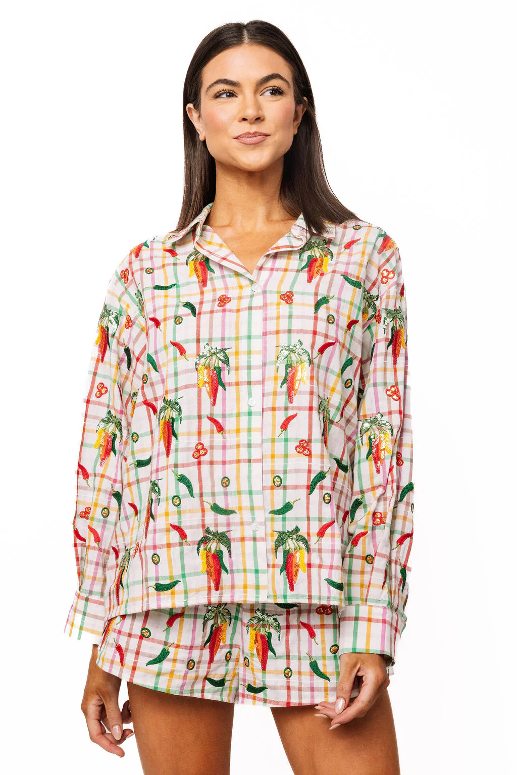 Queen Of Sparkles Rainbow Plaid Chili Pepper Button Up Cotton Top