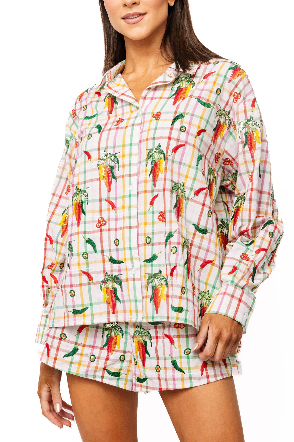 Queen Of Sparkles Rainbow Plaid Chili Pepper Button Up Cotton Top - Image 2