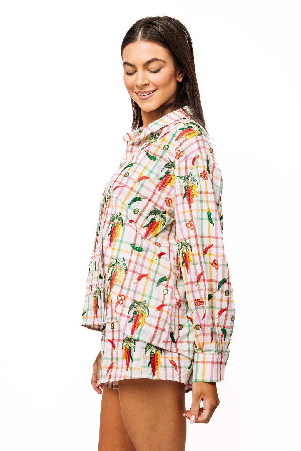 Queen Of Sparkles Rainbow Plaid Chili Pepper Button Up Cotton Top - Image 4
