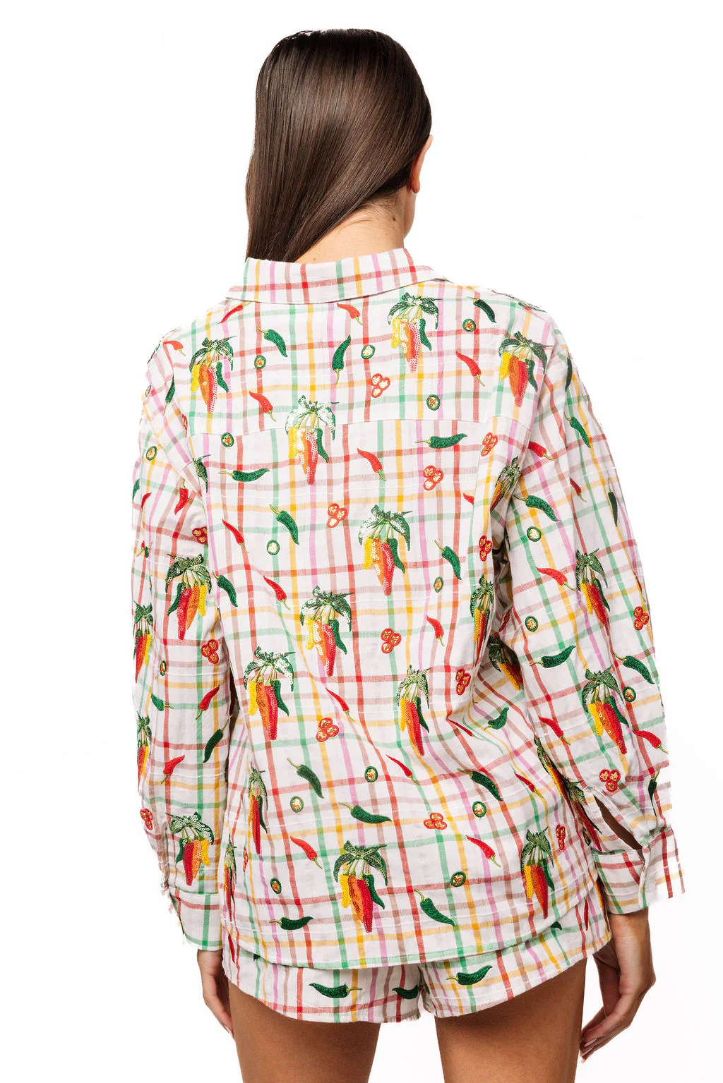 Queen Of Sparkles Rainbow Plaid Chili Pepper Button Up Cotton Top - Image 5