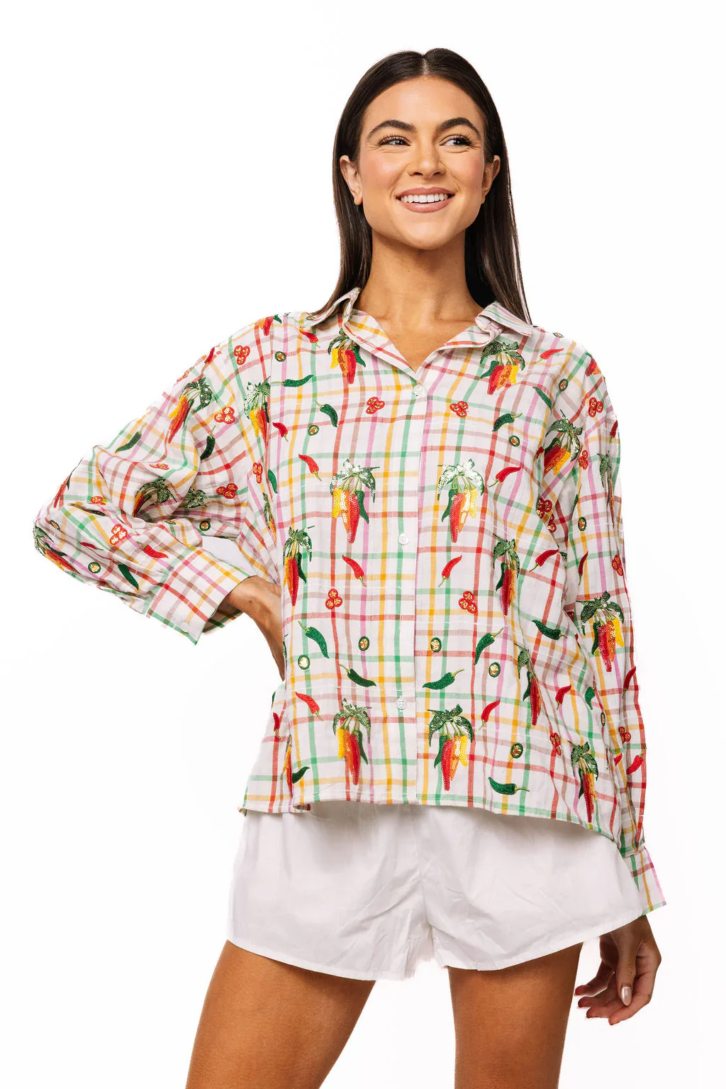 Queen Of Sparkles Rainbow Plaid Chili Pepper Button Up Cotton Top - Image 6