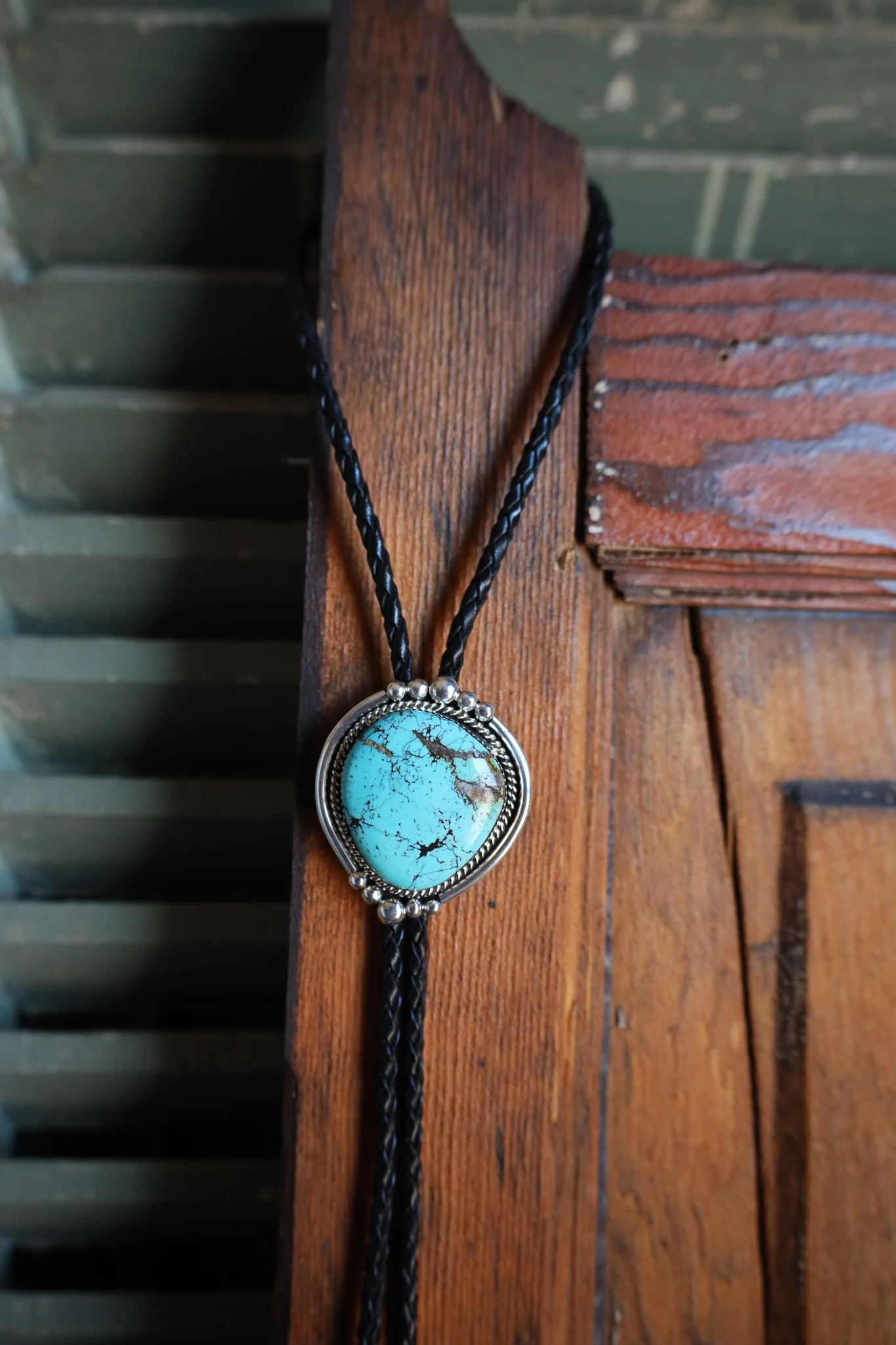 Turquoise Sterling Silver Dots Black Leather Bolo - Image 2