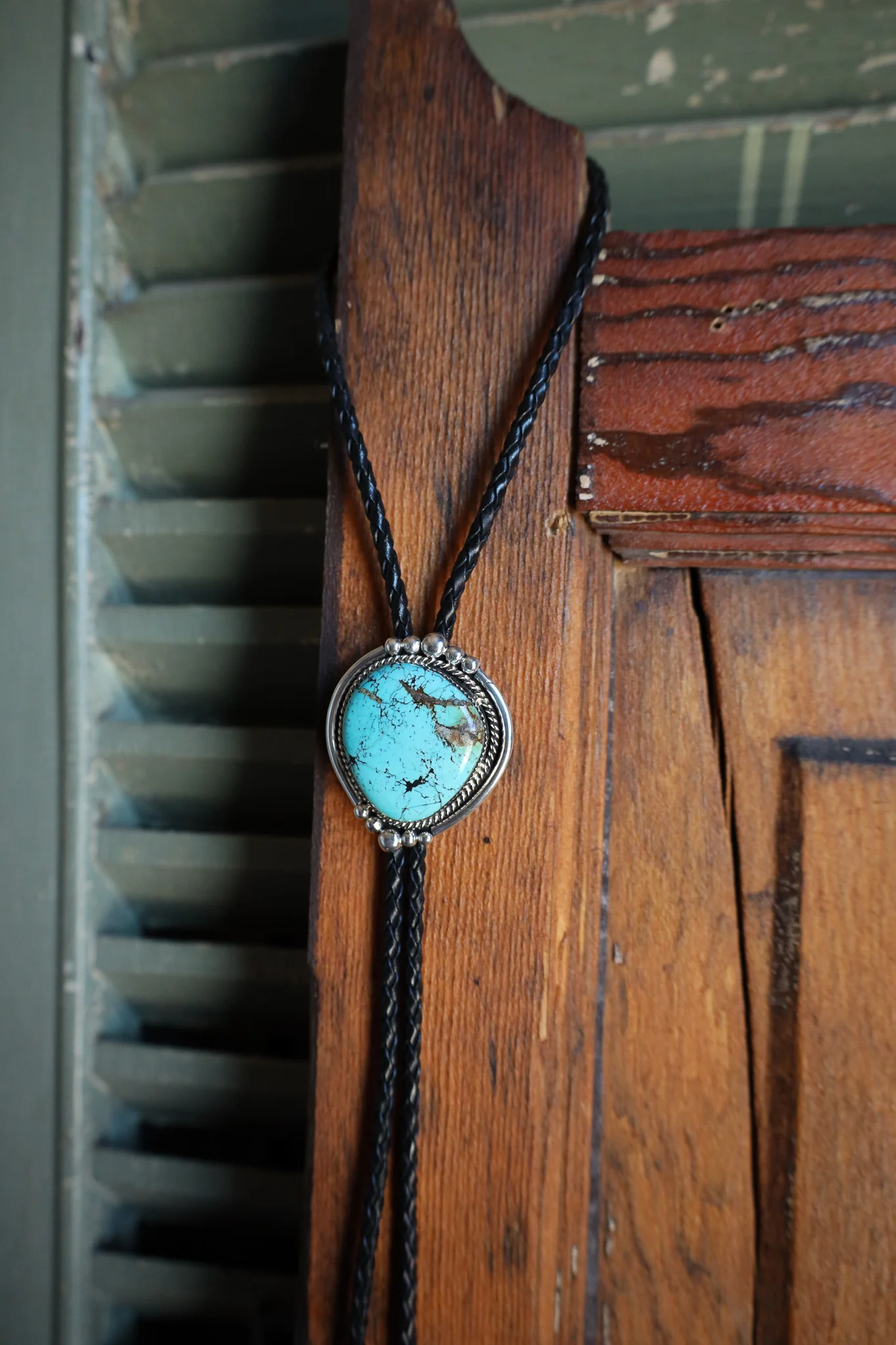 Turquoise Sterling Silver Dots Black Leather Bolo - Image 5