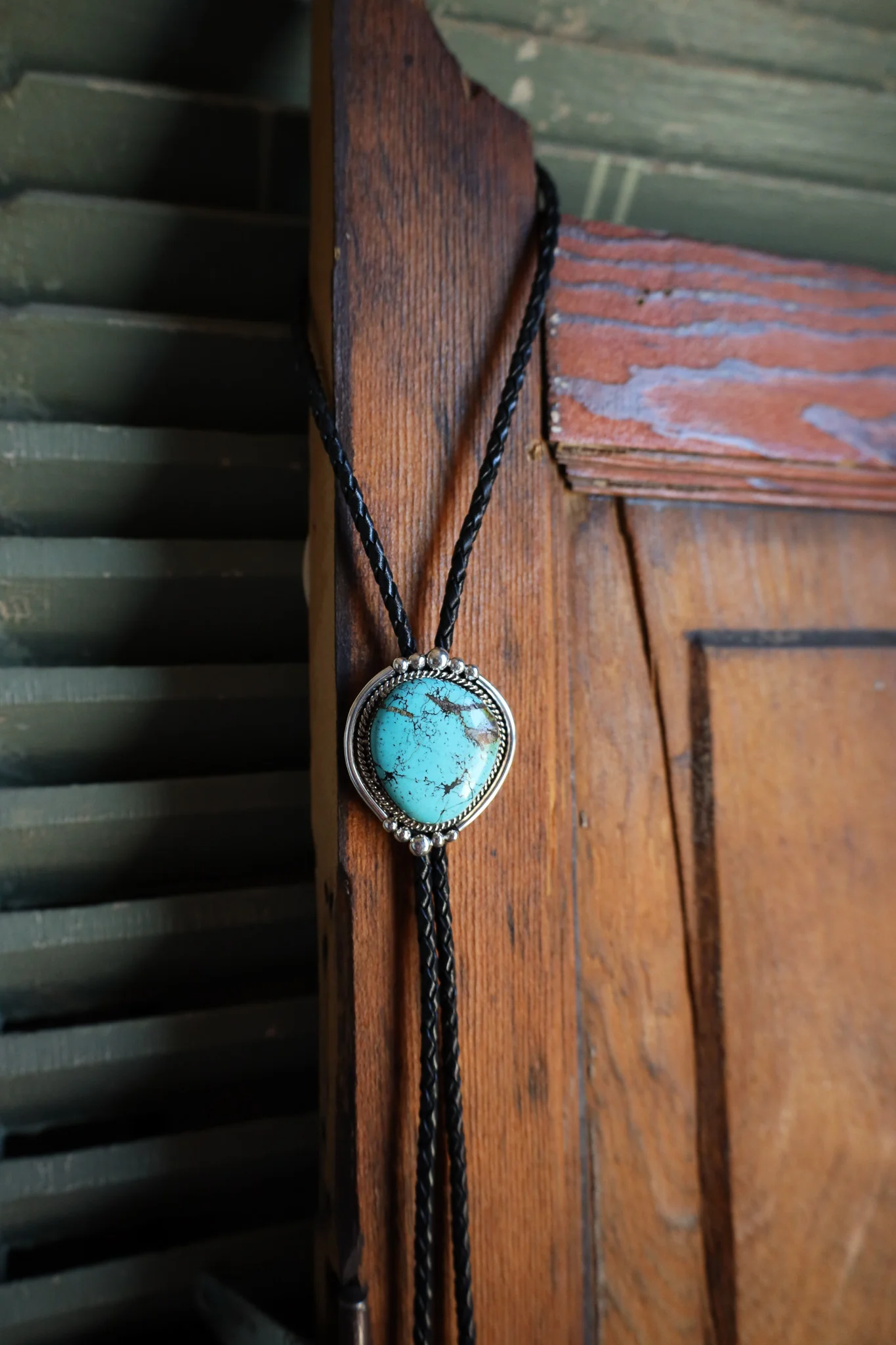 Turquoise Sterling Silver Dots Black Leather Bolo - Image 7