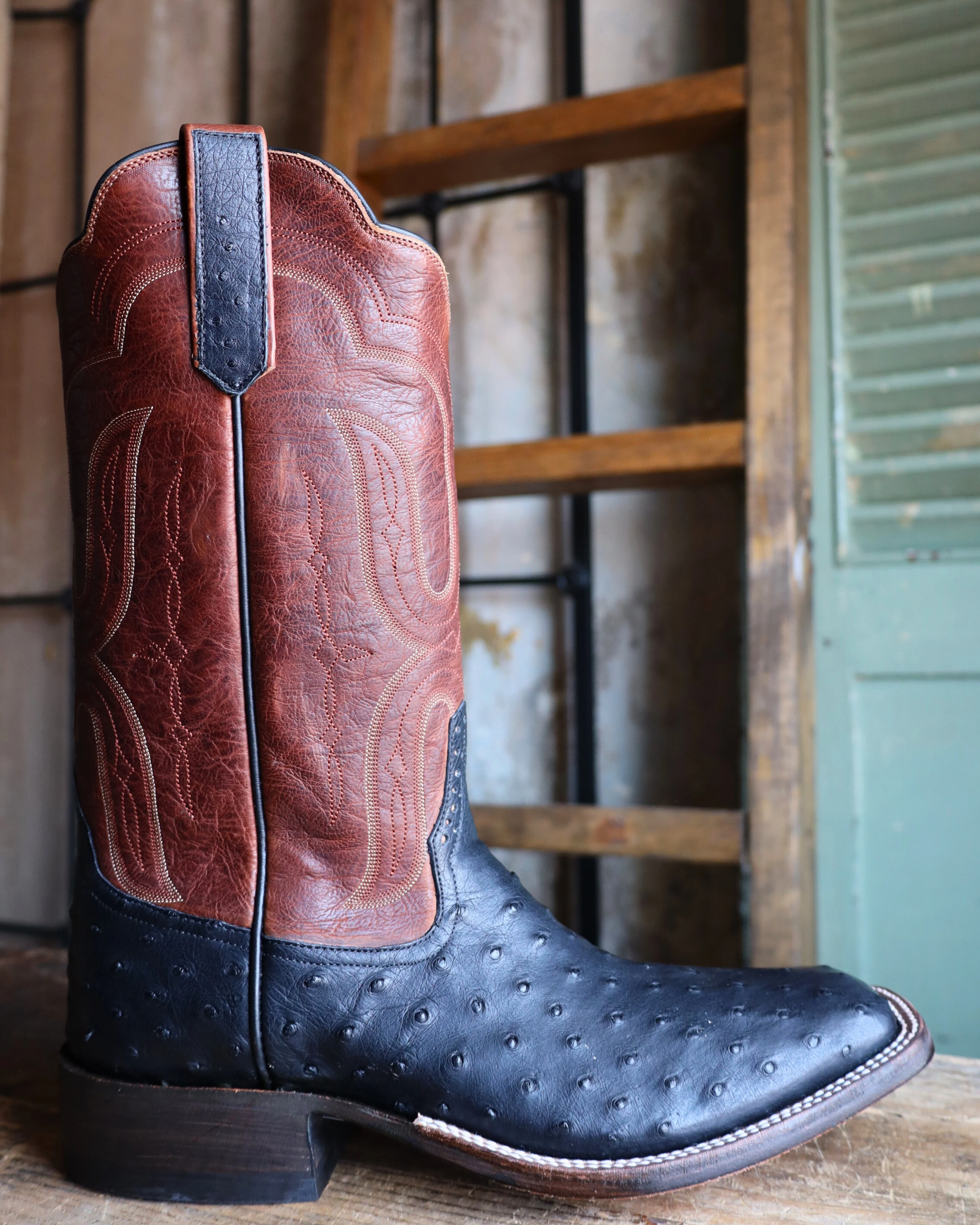 RIOS OF MERCEDES MEN'S FULL QUILL OSTRICH BLACK AND BROWN 13" BOOT