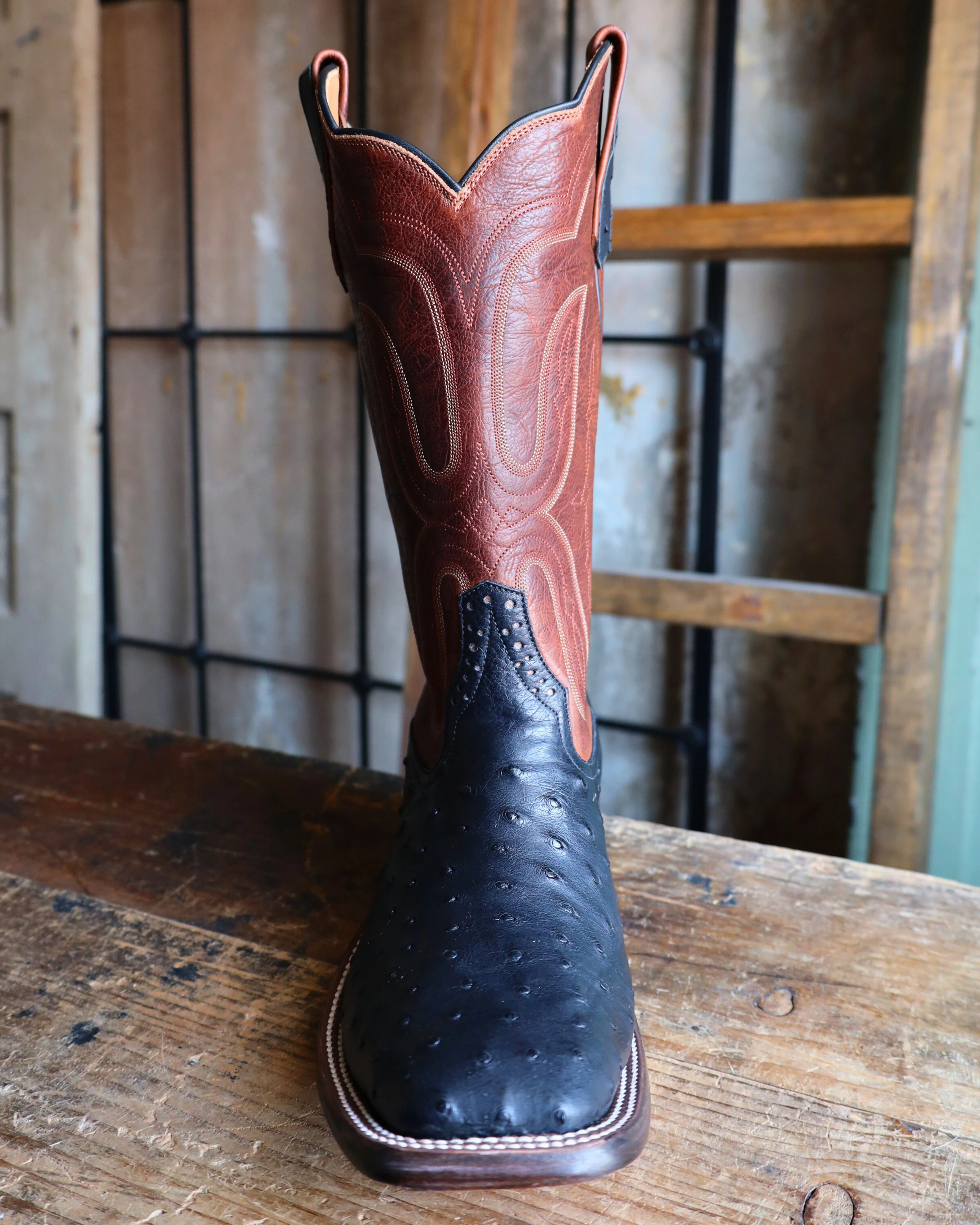 RIOS OF MERCEDES MEN'S FULL QUILL OSTRICH BLACK AND BROWN 13" BOOT - Image 4