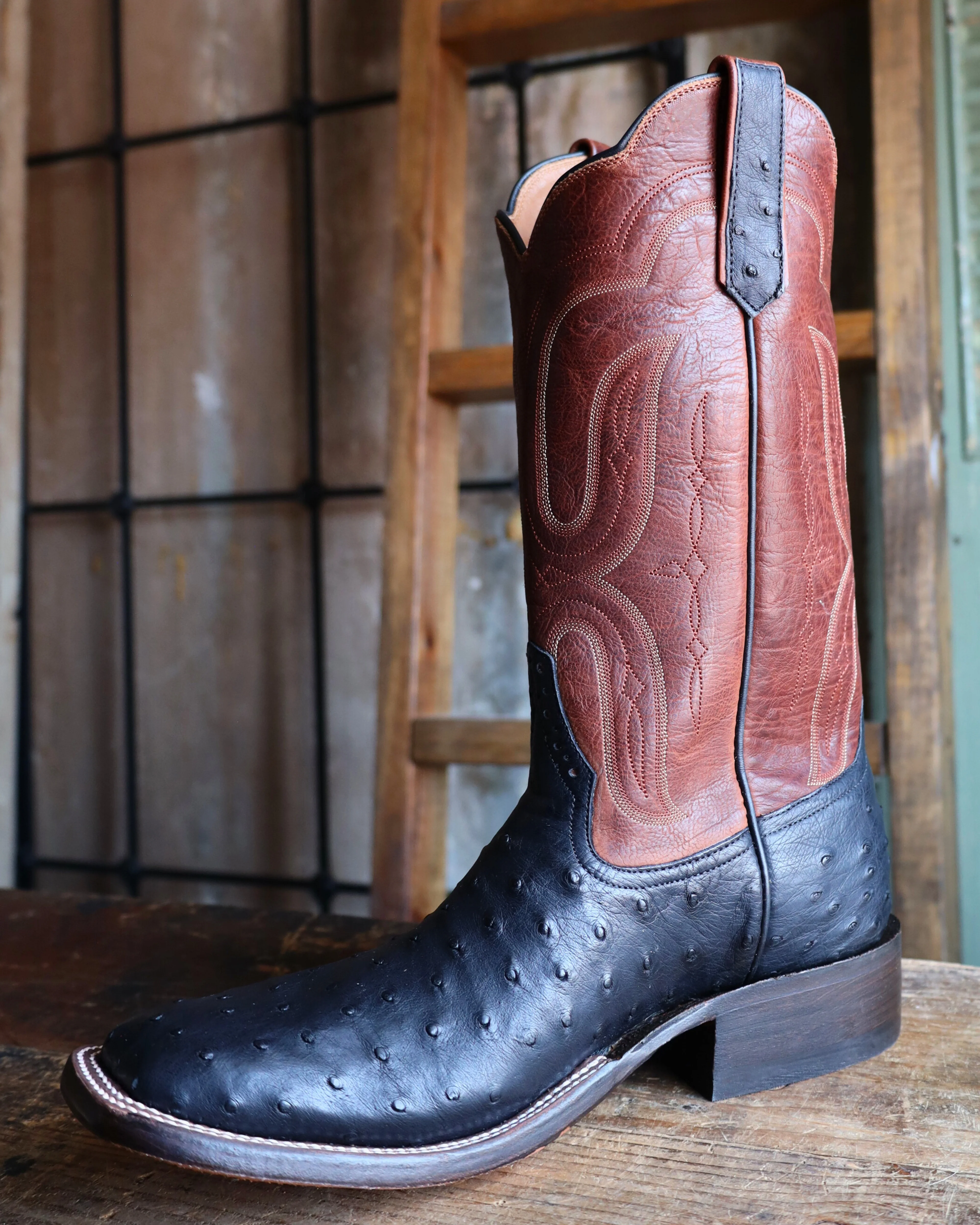 RIOS OF MERCEDES MEN'S FULL QUILL OSTRICH BLACK AND BROWN 13" BOOT - Image 5