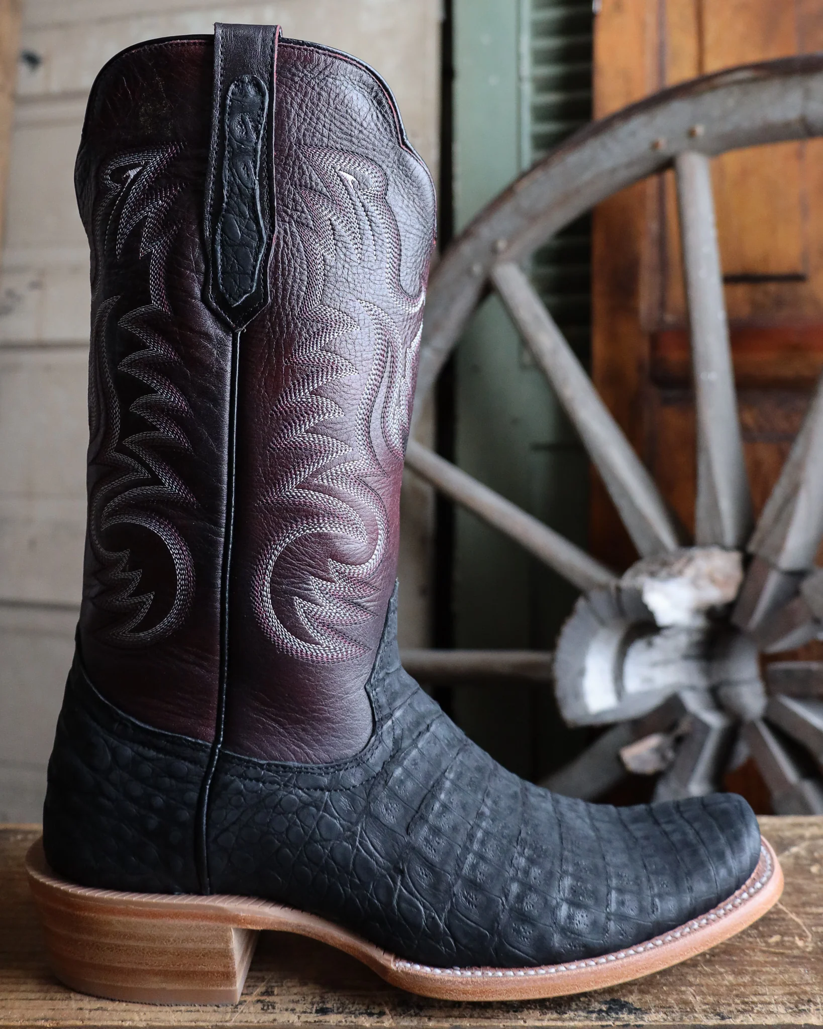 R. Watson Men's Nubuck Black Caiman Belly Cutter Toe 13" Boot