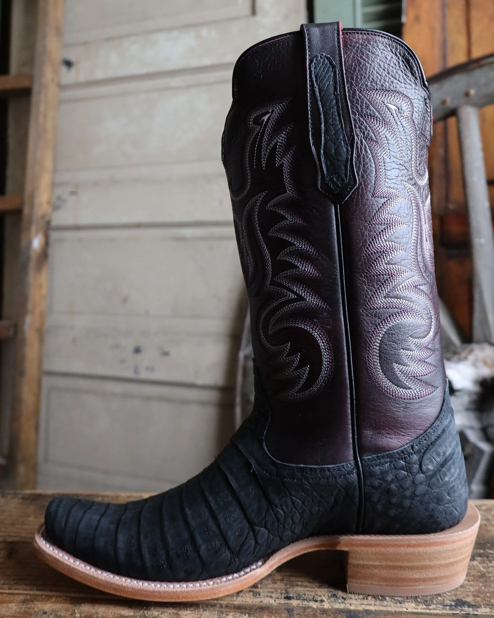 R. Watson Men's Nubuck Black Caiman Belly Cutter Toe 13" Boot - Image 6