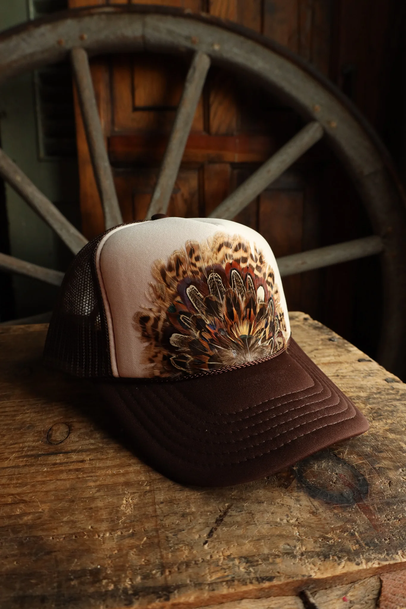 Feather Trucker Cap- Brown and Tan - Image 2