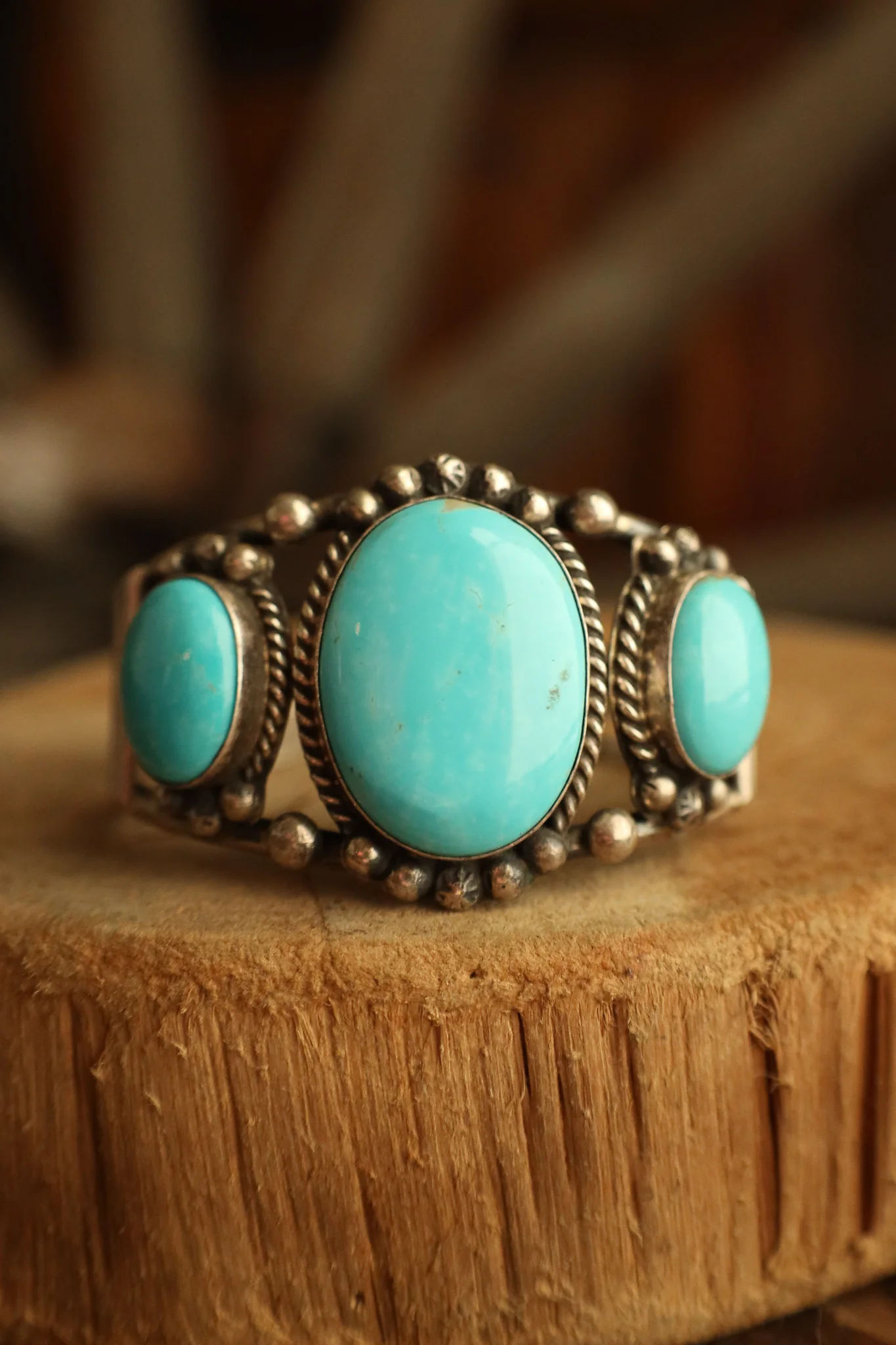 3 Kingman Turquoise Sterling Silver Dots Open Cuff