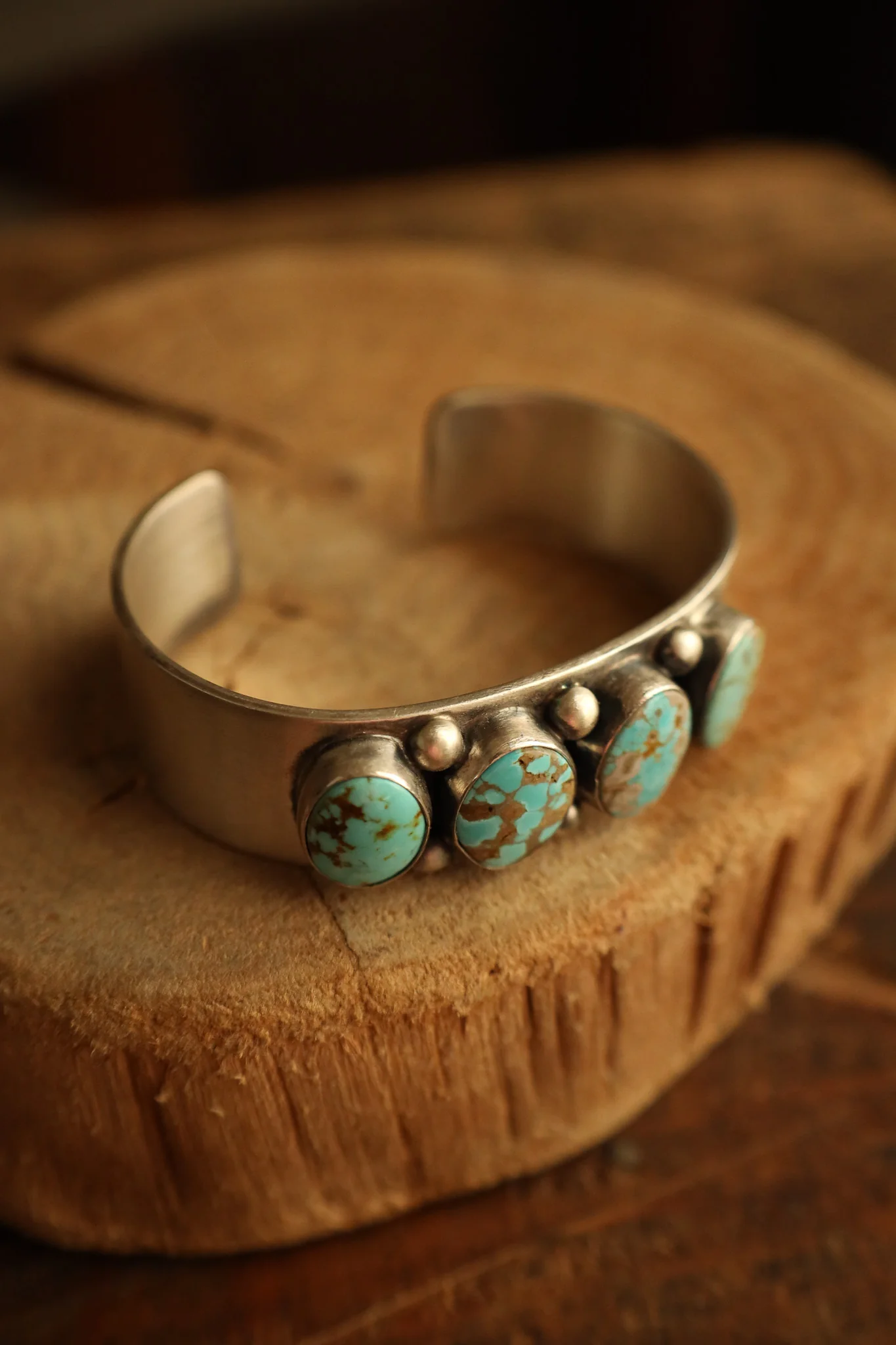 4 Turquoise Brown Ovals 6 Sterling Silver Dots Cuff - Image 3