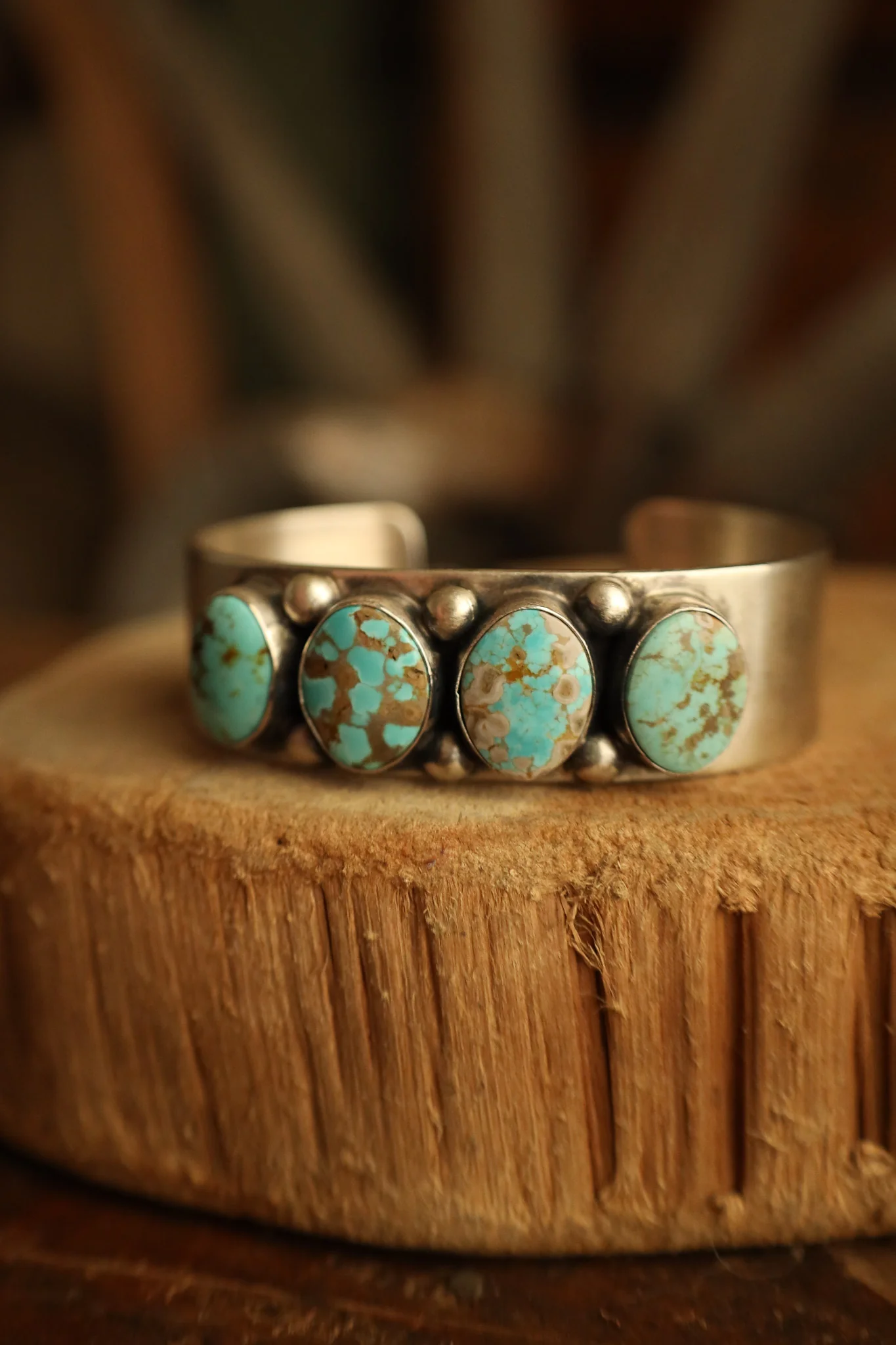 4 Turquoise Brown Ovals 6 Sterling Silver Dots Cuff - Image 4