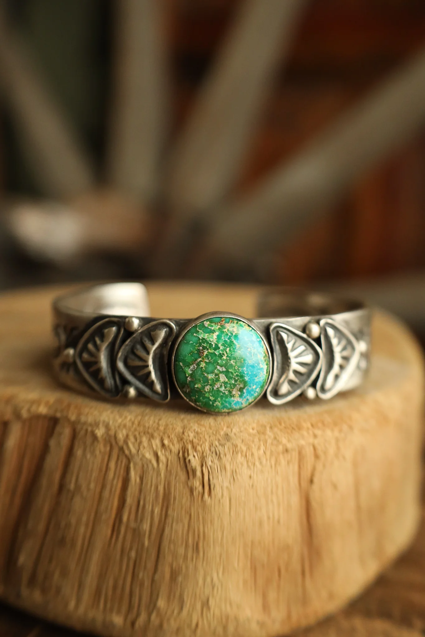 Round Turquoise Mottled With Fancy Band Cuff