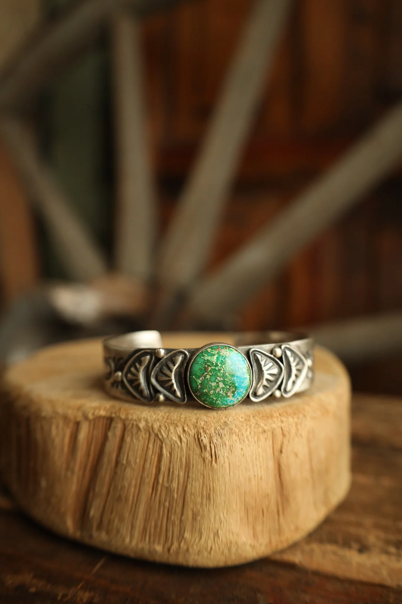 Round Turquoise Mottled With Fancy Band Cuff - Image 2