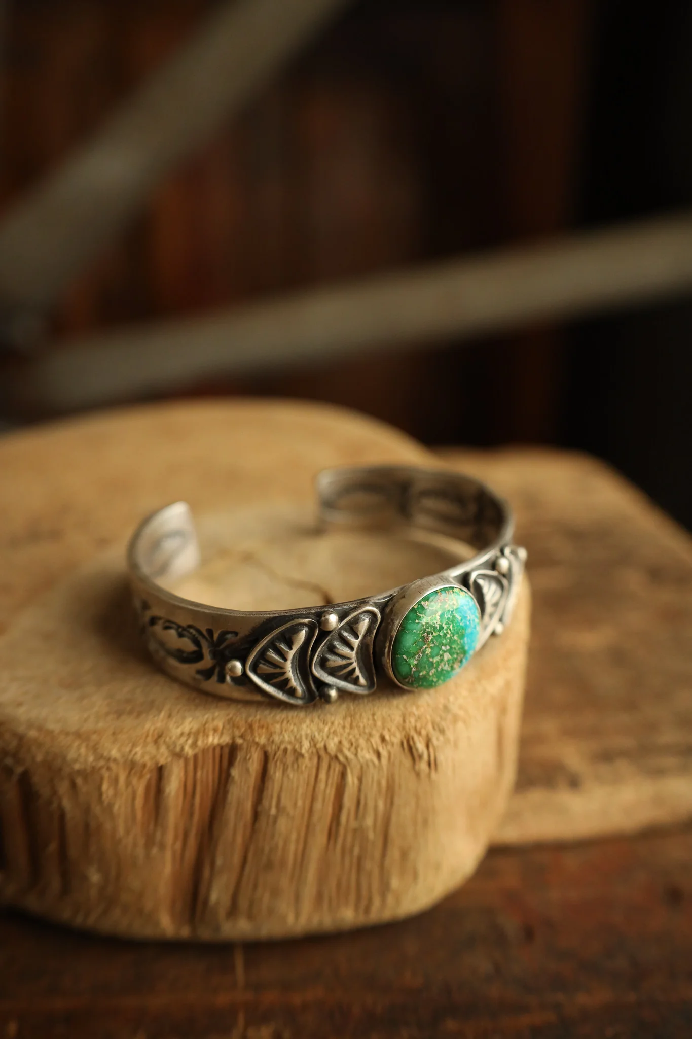 Round Turquoise Mottled With Fancy Band Cuff - Image 3