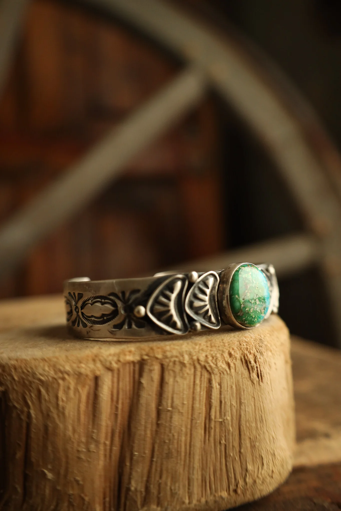 Round Turquoise Mottled With Fancy Band Cuff - Image 5