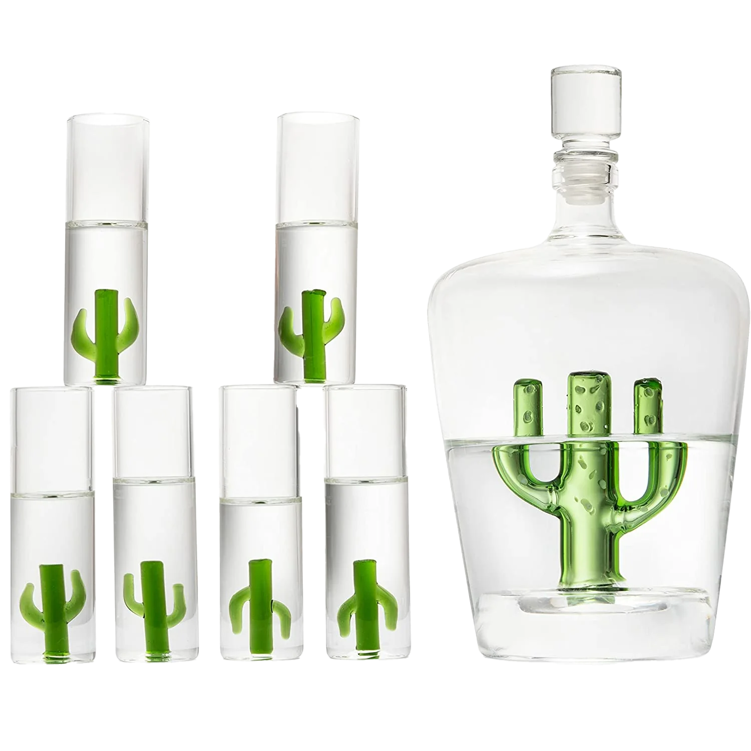 THE WINE SAVANT Tequila Decanter Set with Cactus Decanter and 6 Cactus Shot Glasses Set