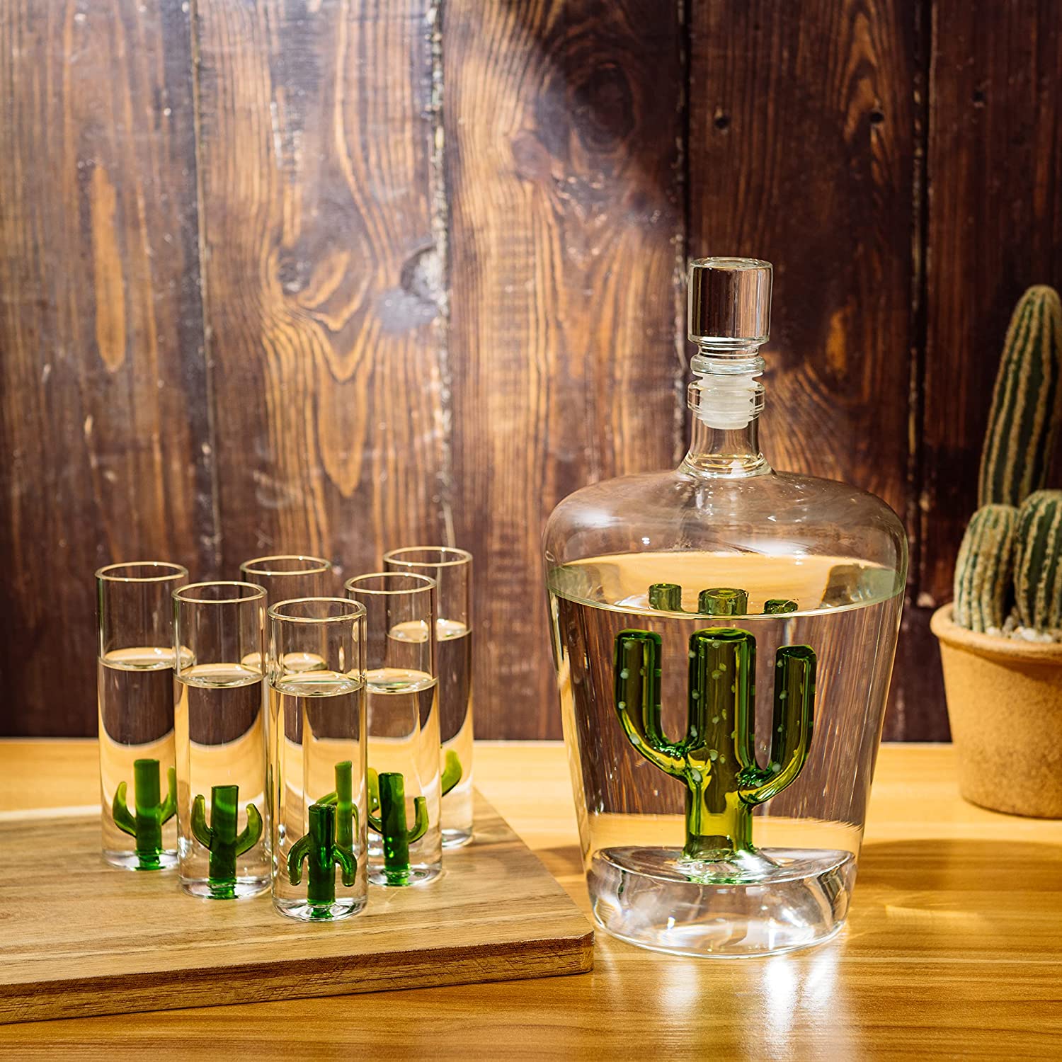 THE WINE SAVANT Tequila Decanter Set with Cactus Decanter and 6 Cactus Shot Glasses Set - Image 2