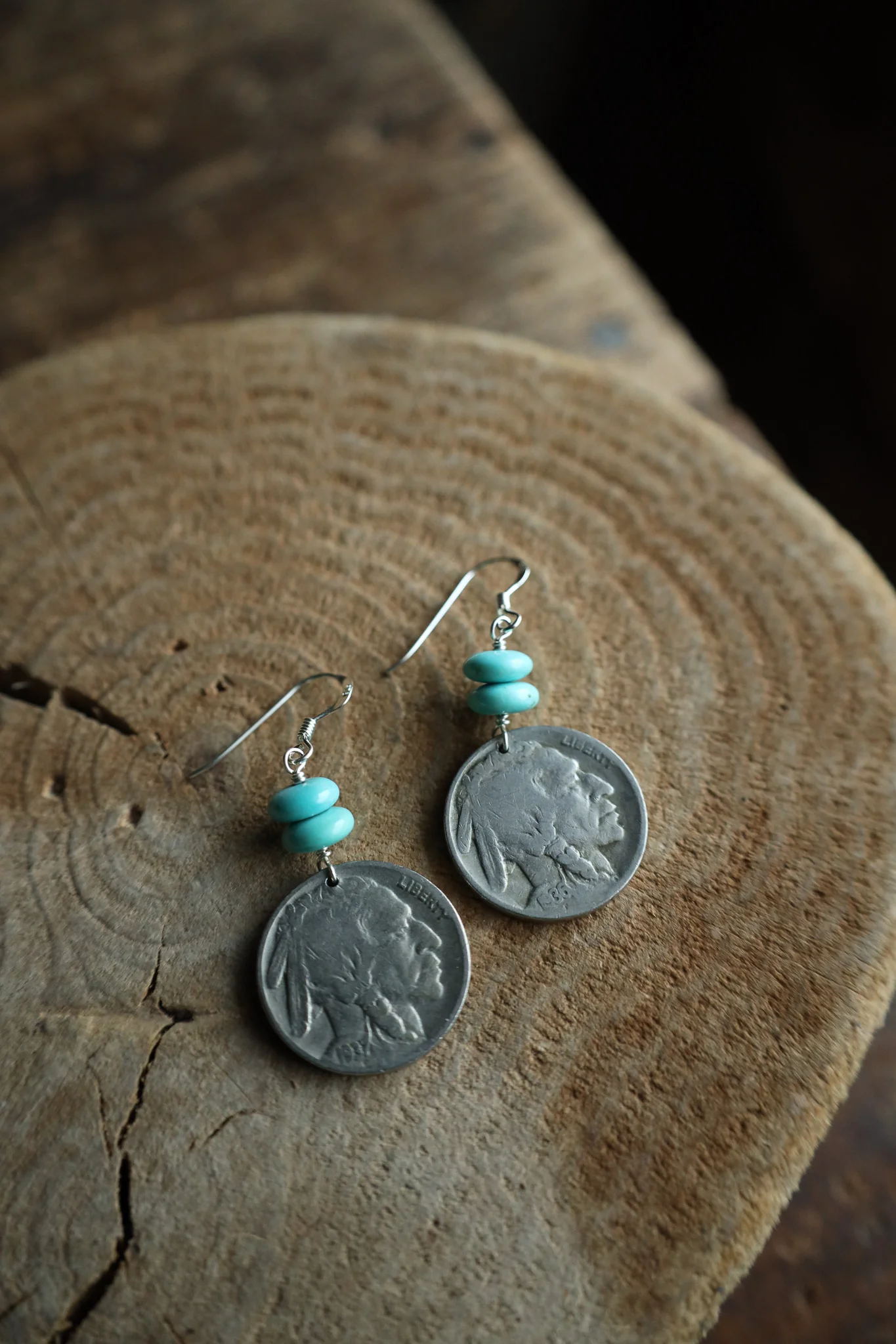 Peyote Bird Indian Head Nickel 2 Turquoise Beads Earring - Image 3