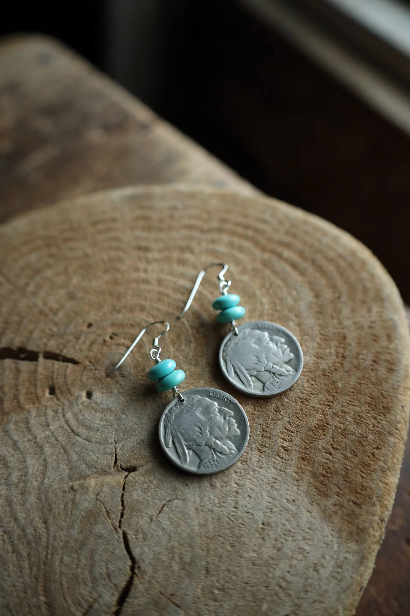 Peyote Bird Indian Head Nickel 2 Turquoise Beads Earring - Image 4