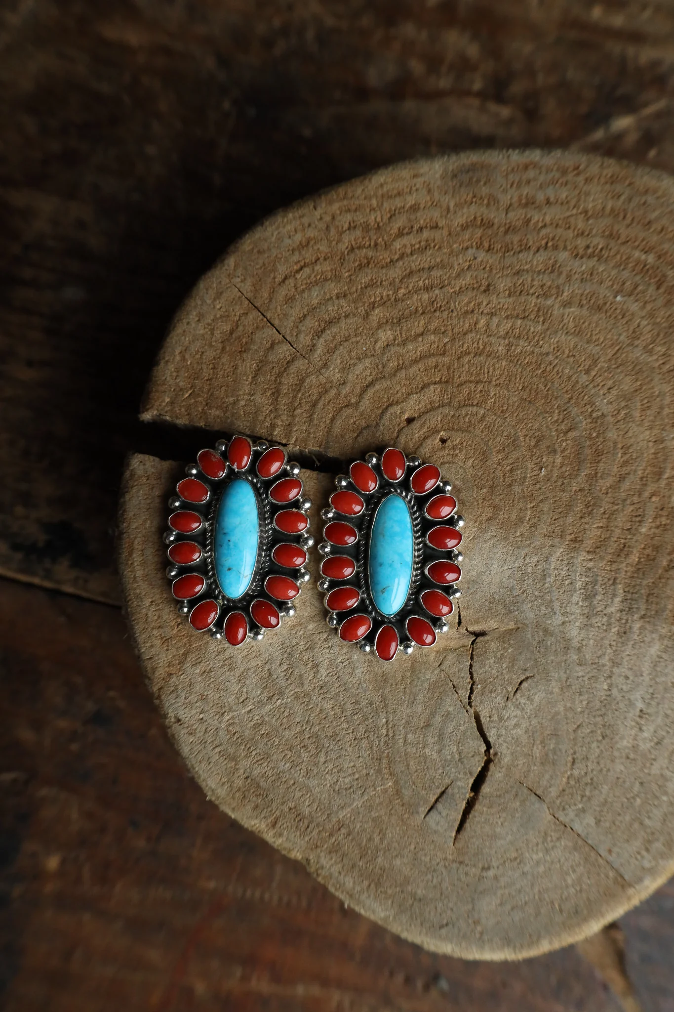 Sterling Silver Long Oval Turquoise & Coral Post Earring - Image 2