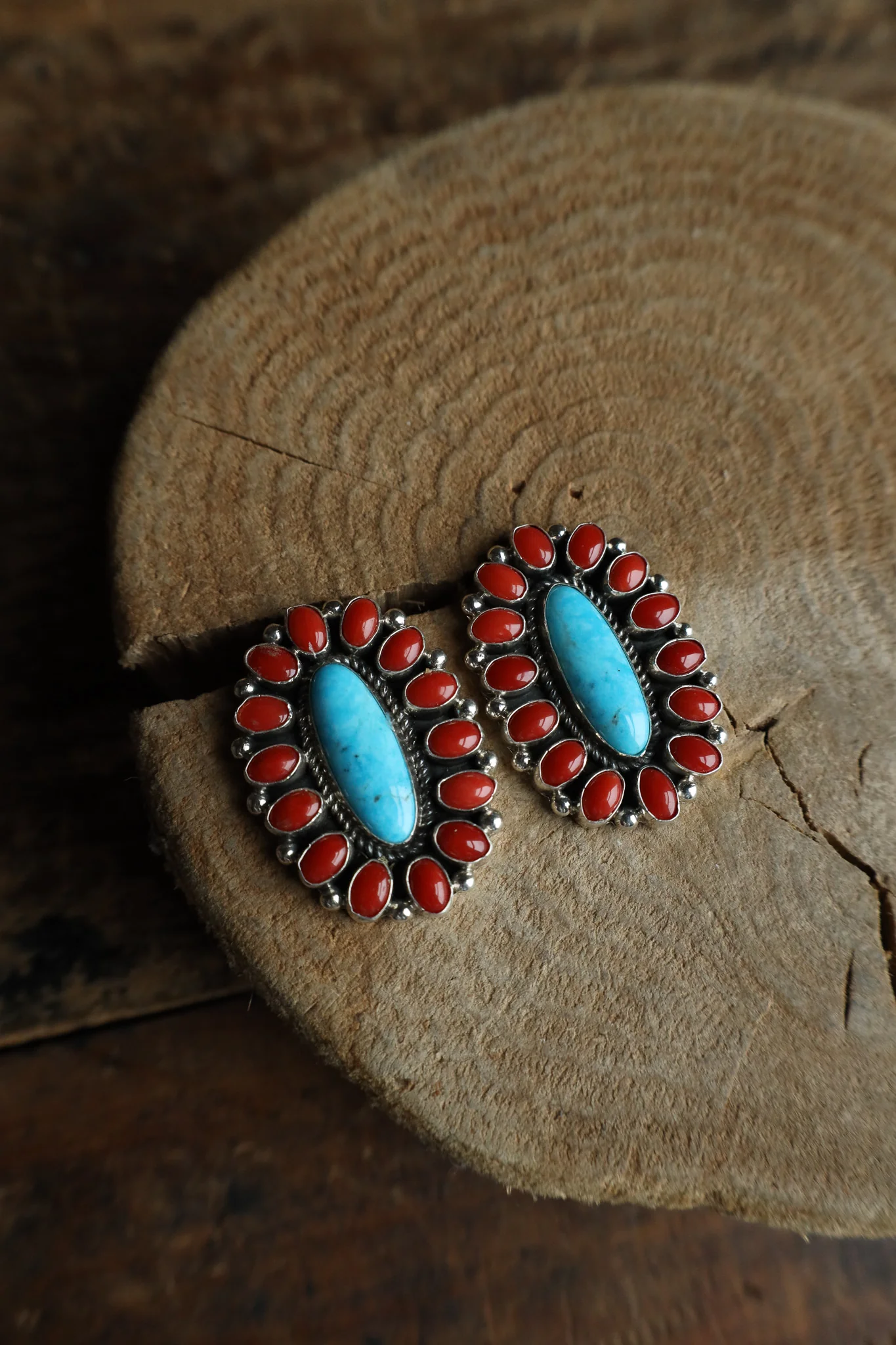 Sterling Silver Long Oval Turquoise & Coral Post Earring - Image 3