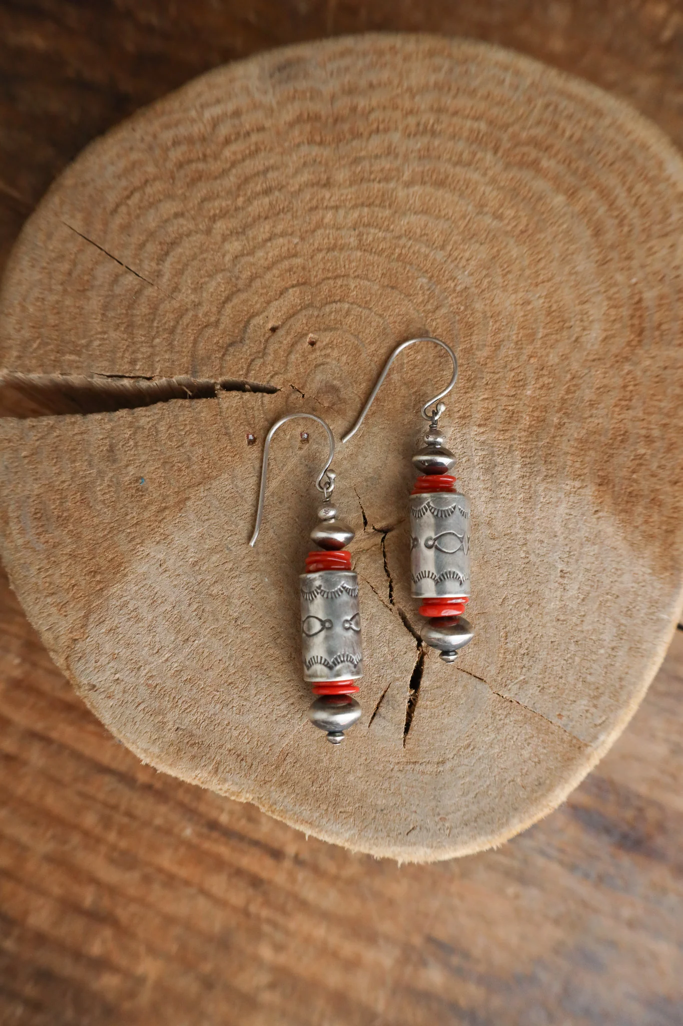Peyote Bird Sterling Silver Tube Red Coral Discs Earring - Image 3