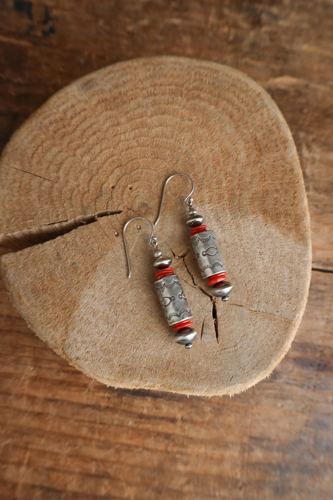 Peyote Bird Sterling Silver Tube Red Coral Discs Earring - Image 4