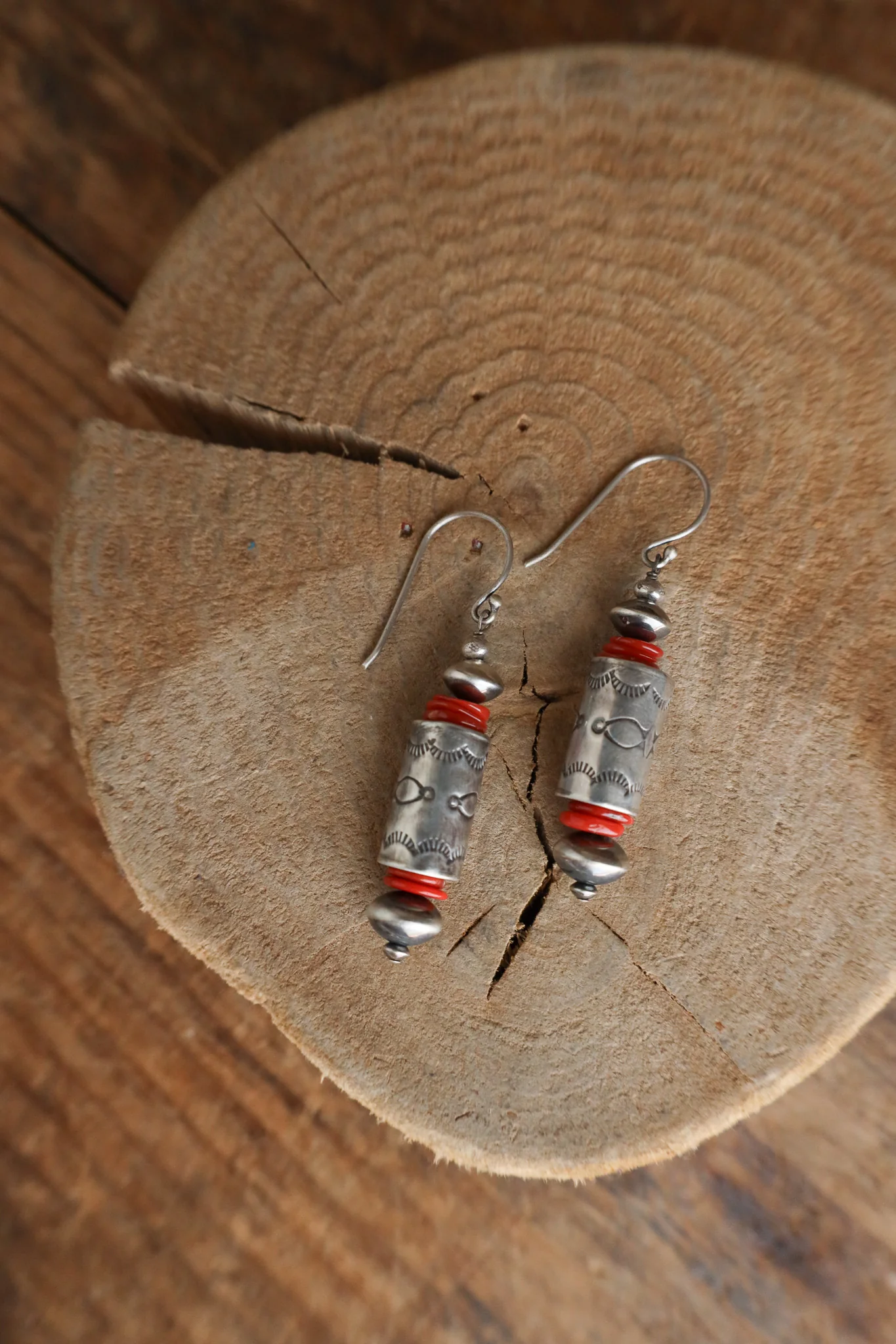 Peyote Bird Sterling Silver Tube Red Coral Discs Earring - Image 5