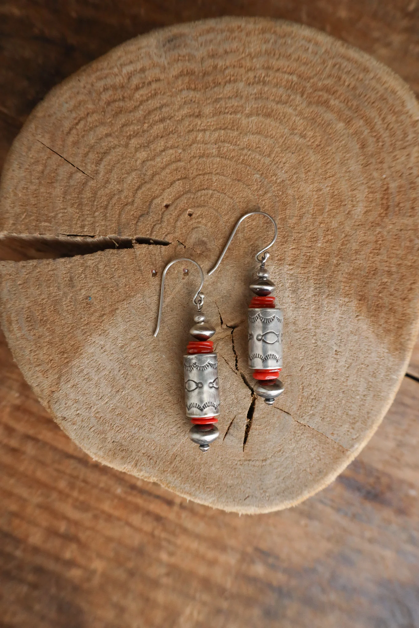 Peyote Bird Sterling Silver Tube Red Coral Discs Earring - Image 6