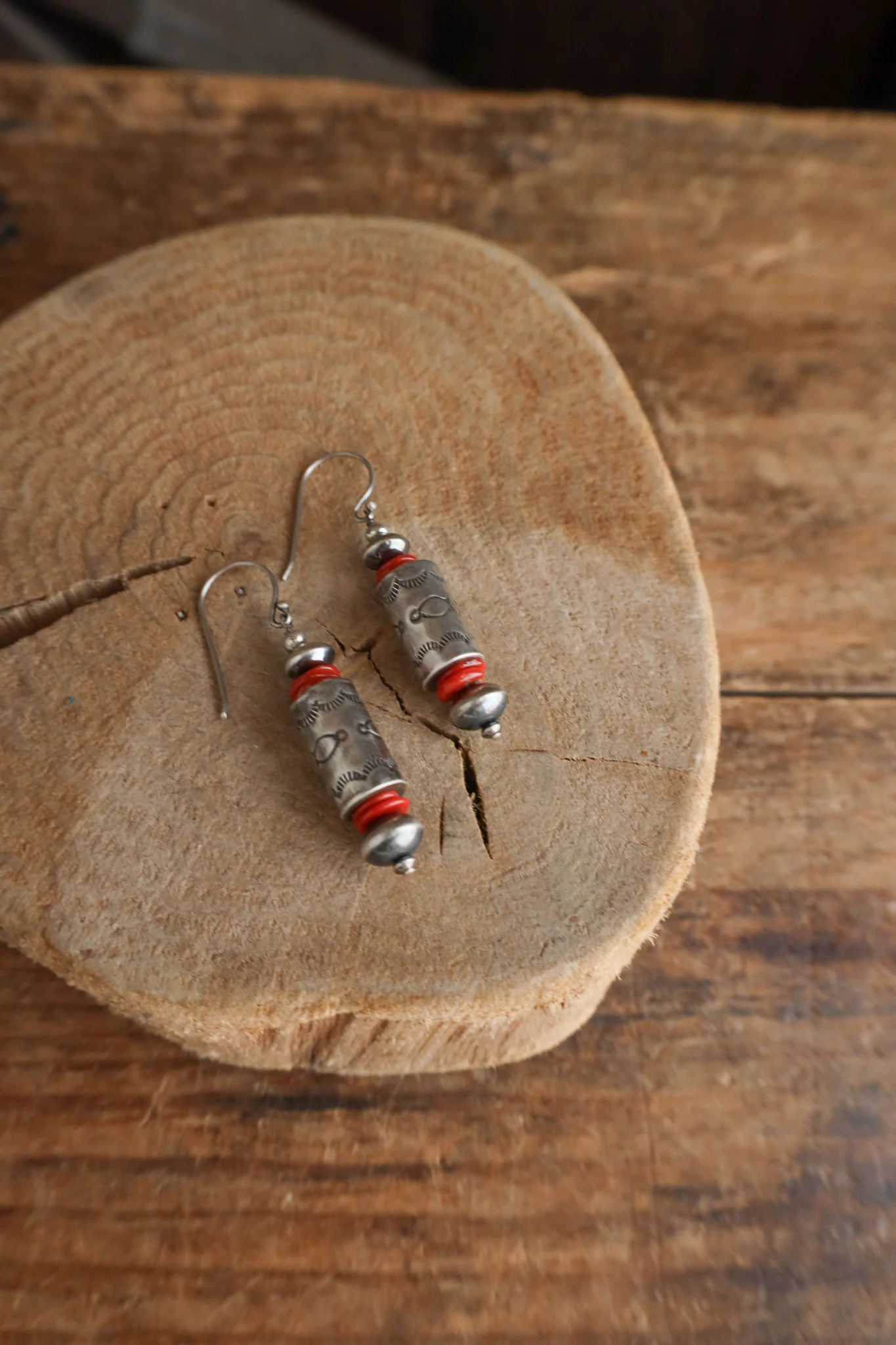 Peyote Bird Sterling Silver Tube Red Coral Discs Earring - Image 7