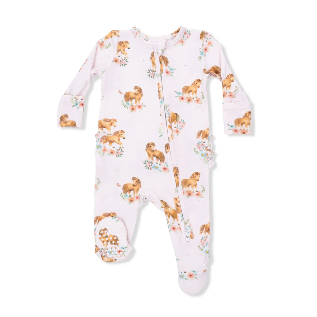Angel Dear Pink Ponies  2 Way Ruffle Back Zipper Footie