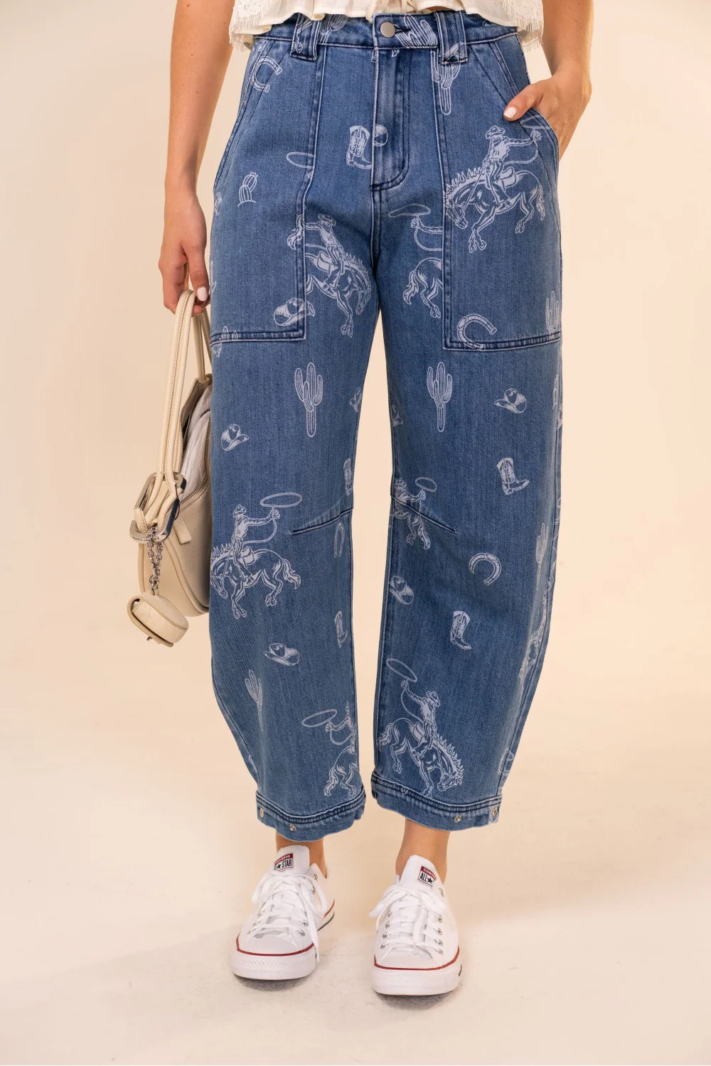 Blue B Western Print Barrel Leg Denim Jean