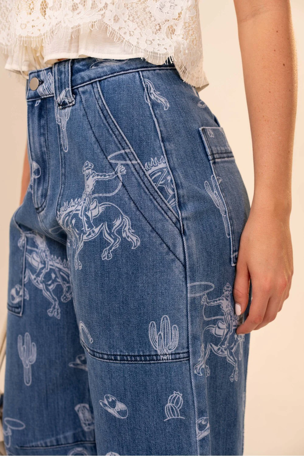 Blue B Western Print Barrel Leg Denim Jean - Image 4