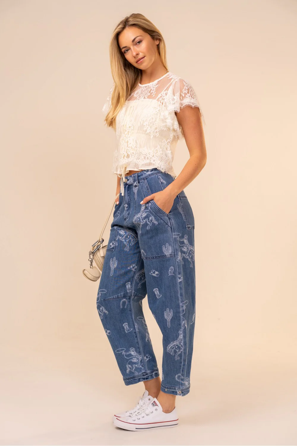 Blue B Western Print Barrel Leg Denim Jean - Image 7