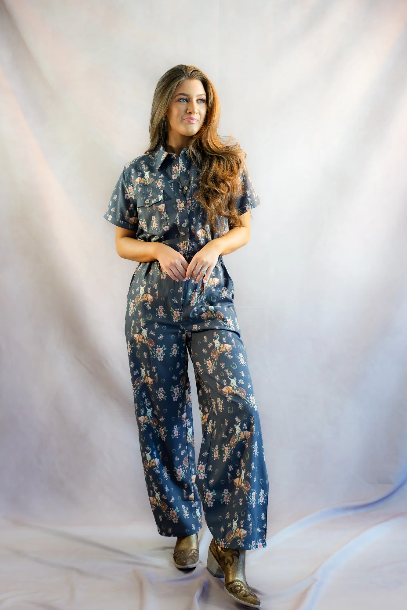 Howdy Hanny Black Flower Horse Jumpsuit