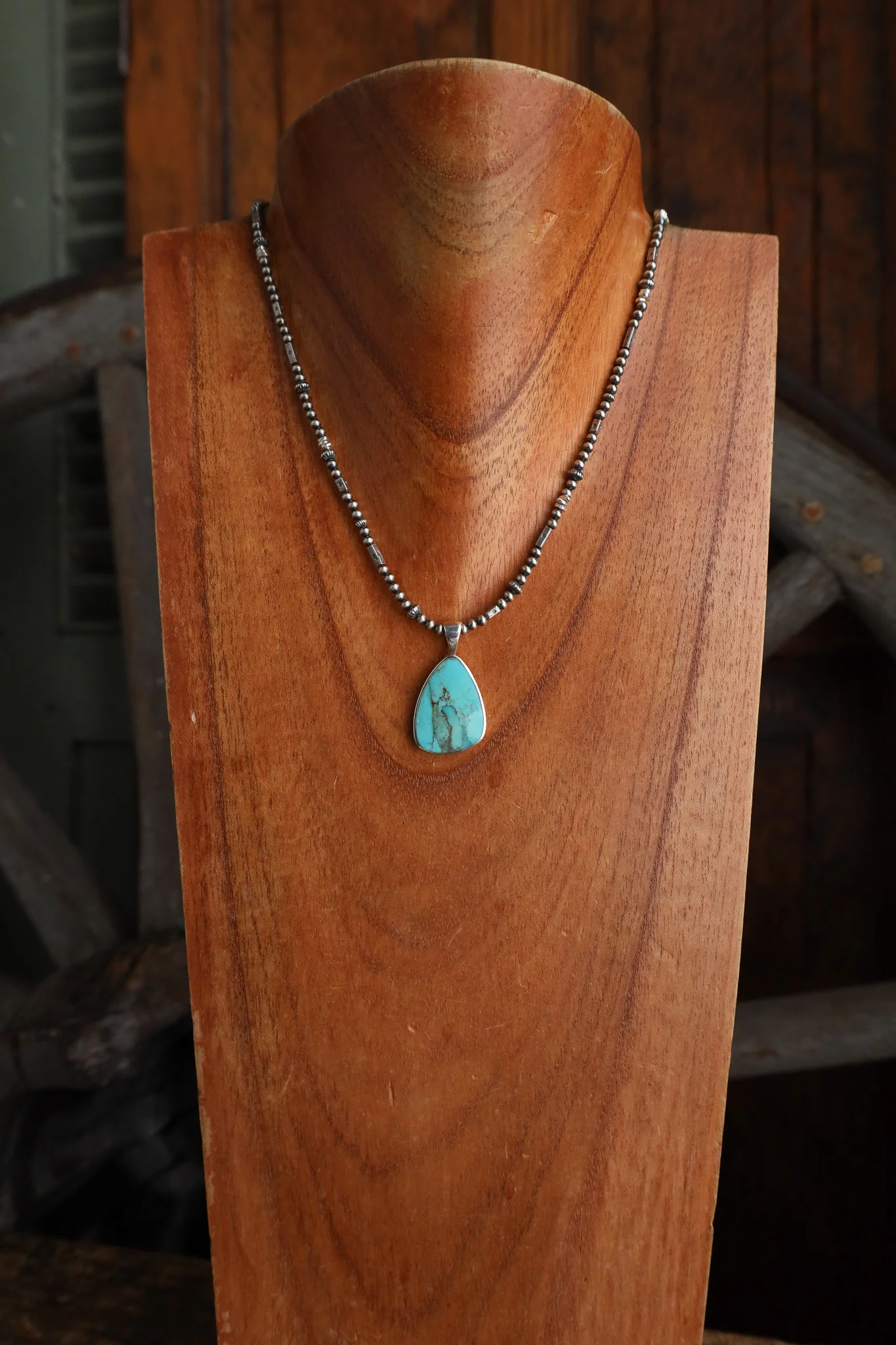 Peyote Bird 14-16" Triangle Turquoise Pendant Small Navajo Pearls Necklace - Image 2