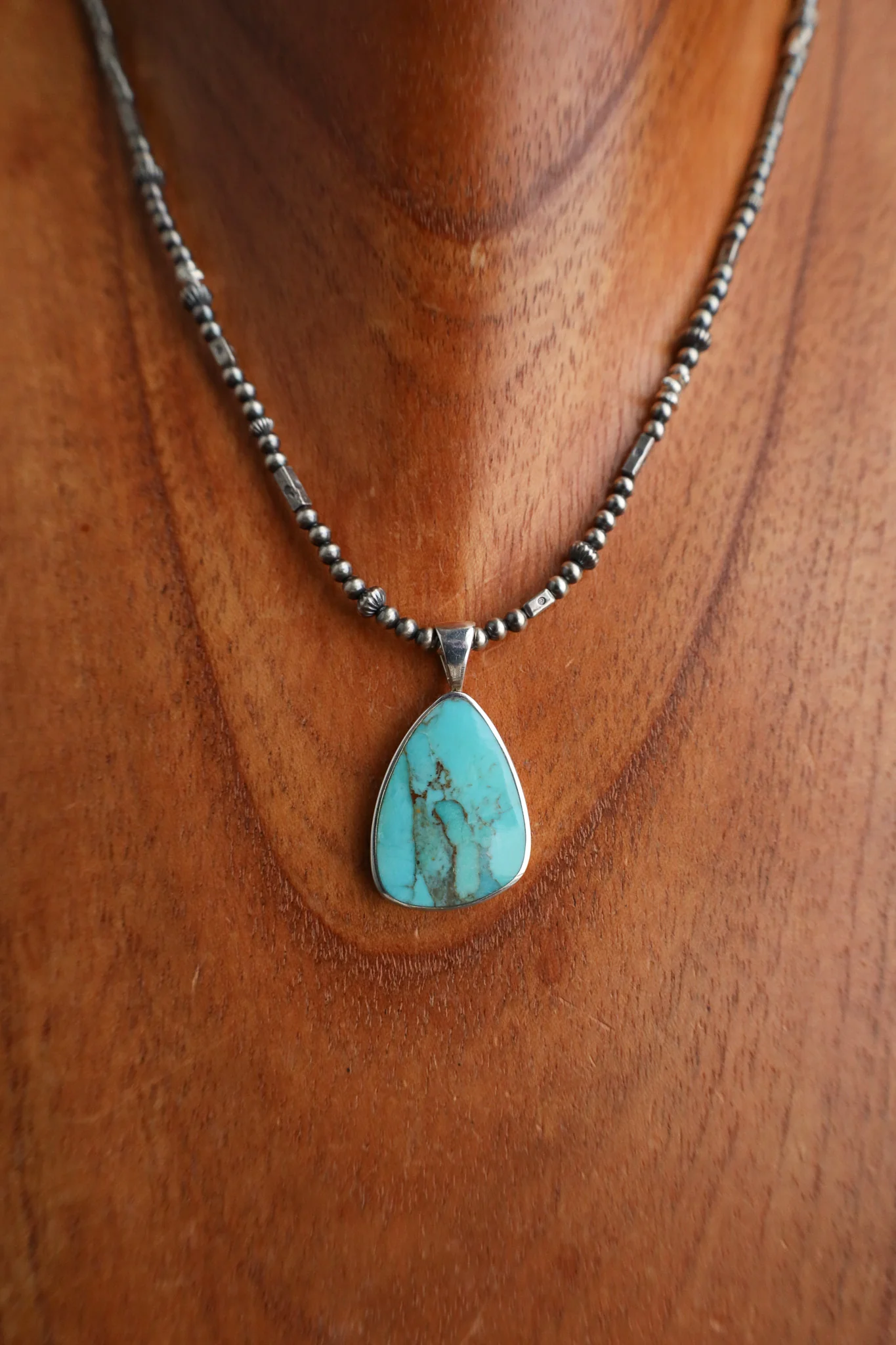 Peyote Bird 14-16" Triangle Turquoise Pendant Small Navajo Pearls Necklace - Image 3