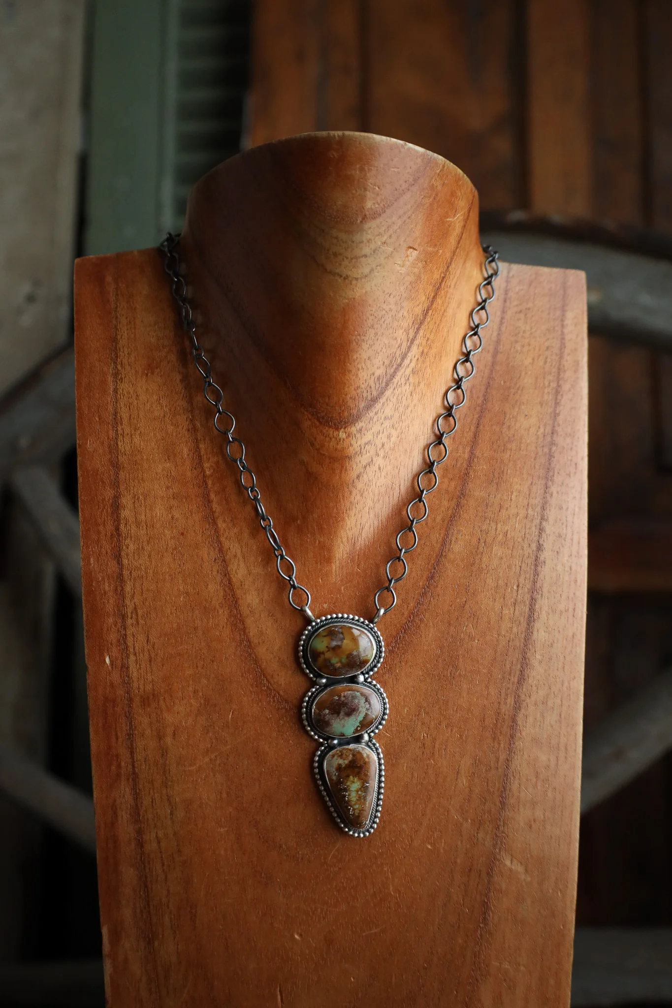 3 Brown and Green Turquoise Stacked Chain Necklace