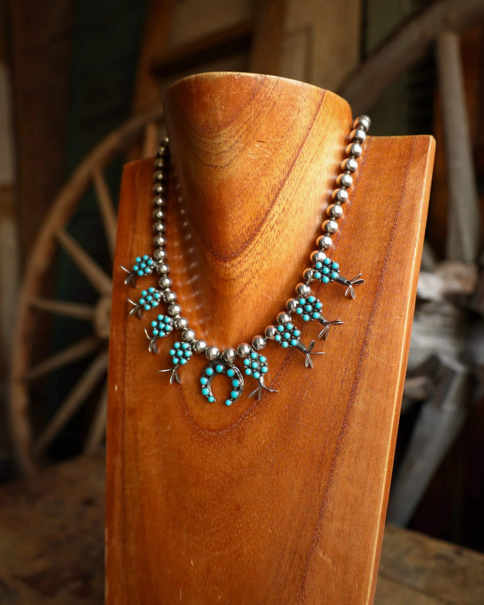 Peyote Bird Turquoise Dots Flowers Naja Squash Blossom Necklace And Earring Set - Image 4