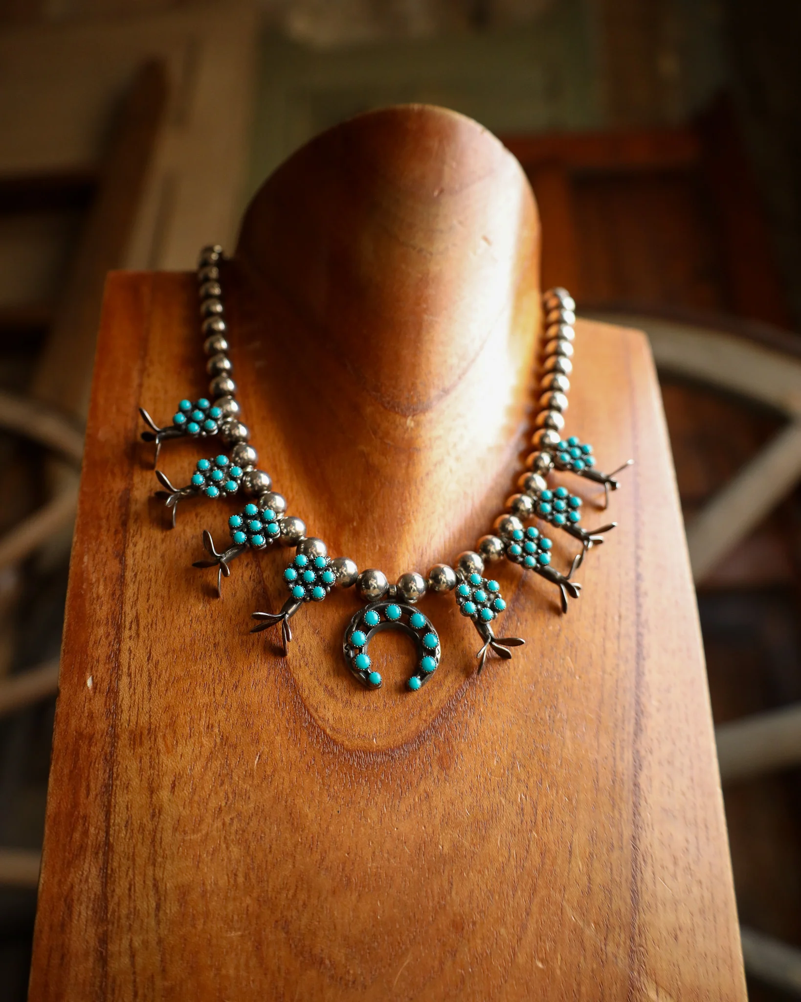 Peyote Bird Turquoise Dots Flowers Naja Squash Blossom Necklace And Earring Set - Image 5